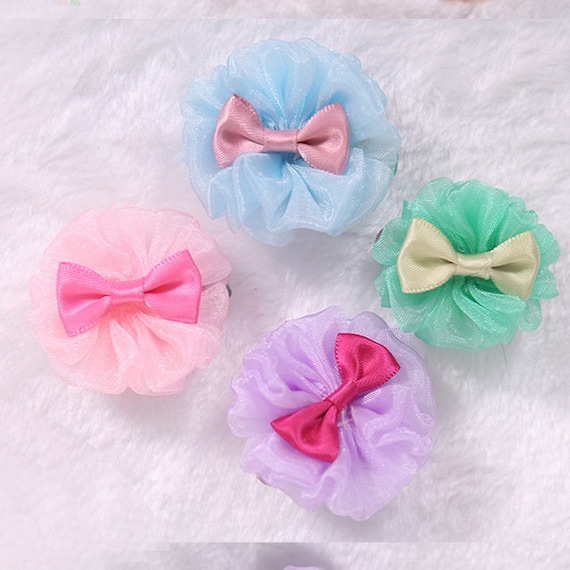 Puppy Dog Bows ~ Ruffled twirl rose flowers PINK & PURPLE blue green pet hair bow barrettes (fb159)