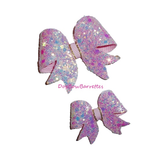 Dog hair bows Pink chunky crystal glitter pet  bow bands or clip (fb201)