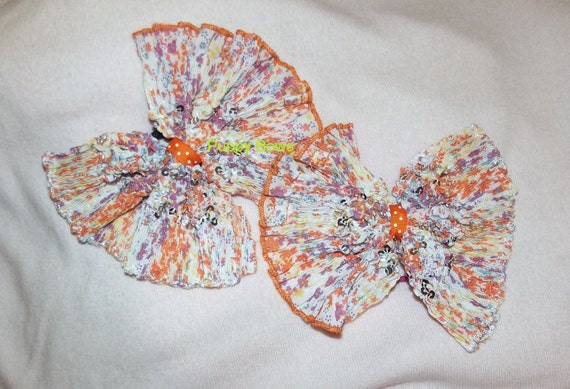 Becky Bows ~ recycled Hand crafted BIG hair bow Women or Girls giant orange purple butterflies pigtail pair