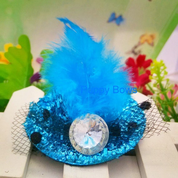Puppy Bows ~ Girl or Boy FANCY DRESS UP feather hats Blue purple pink or red dog bow barrette ~Usa seller