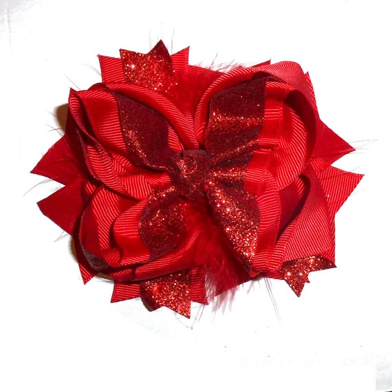 Puppy Bows ~  Red feather glitter bow 5" big  bowknot bow bands or barrette or collar slide  (DC45)