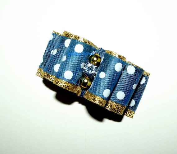 Puppy Bows ~ 7/8" blue/gold polka dots show pet hair bow latex bands or barrette (fb97)