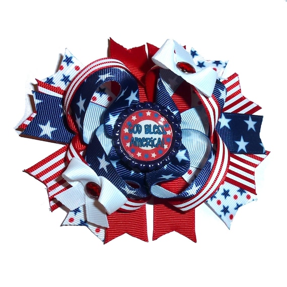 Puppy Bows ~  4th of July Patriotic USA God Bless America slide bowknot bow bands or barrette or collar slide  (DC19)