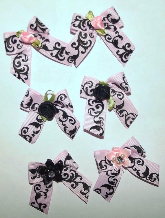 Puppy Bows ~6 black pink leaf scrollwork EVERYDAY BOWS Yorkie Maltese Shih Tzu ~Usa seller (fb81)