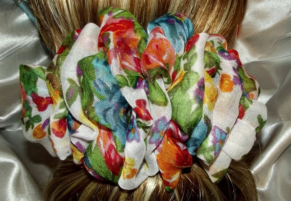 Becky Bows ~ Barrette scarf Hand crafted oversized BIG hair bow Women or Girls orange floral white