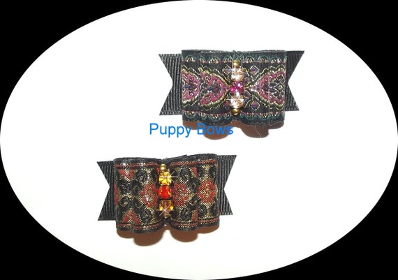 Puppy Bows ~GOLD PURPLE BROCADE show dog bow pet bands, hair clip or barrette (fb29)