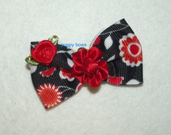 Puppy Bows ~ Red black daisy rose pet hair bow latex bands or barrette (fb79)