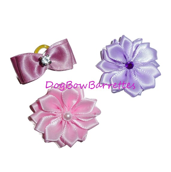 Puppy Bows ~  3 piece pink/purple flowers 1" pet hair bow  - (fb611)