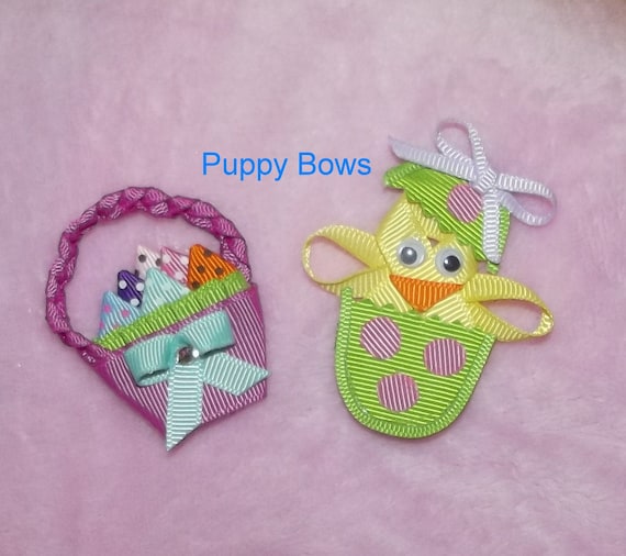 Puppy Bows ~ Easter dog bow chick in egg basket barrette or bands  (fb26)