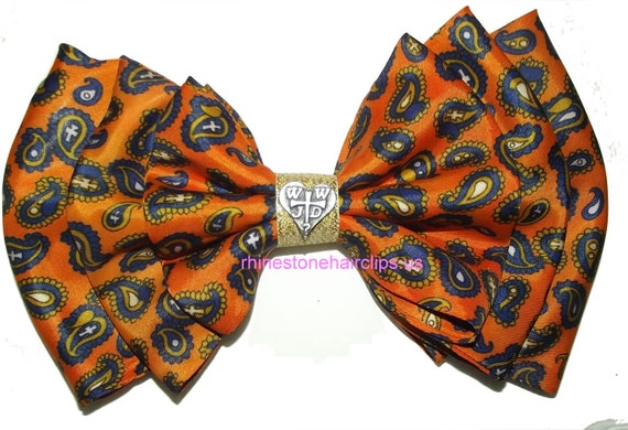 Becky Bows ~OOAK French Barrette Hand crafted GIANT huge Scarf hair bow Women or Girls CHRISTIAN orange navy gold