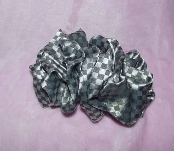Becky Bows ~OOAK ROSETTE Barrette Hand crafted giant huge Scarf BIG hair bow Women or Girls silver gray checkerboard