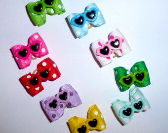 Puppy Bows ~  Summer sunglasses heart dog show bows  7/8" double loop  barrette or latex bands 9 colors!  (FB135)
