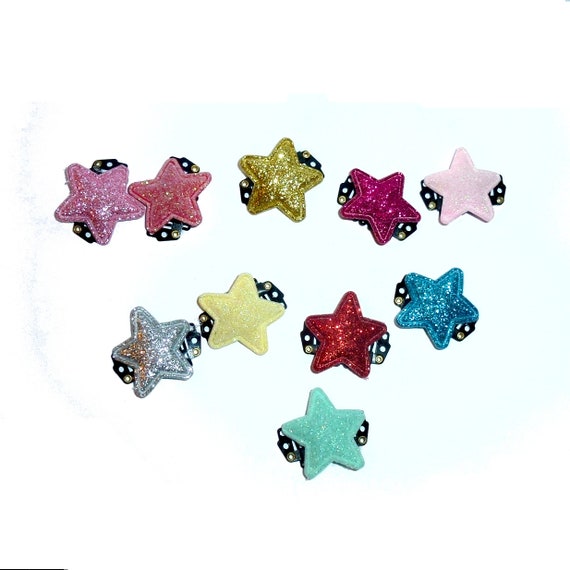 Puppy Bows ~ Glitter stars 10 tiny pet hair bows with snap comb clips attached (fb471)
