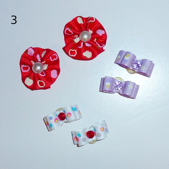 Puppy Bows ~WEE TINY 3/8" show bows pairs dog bow  pet hair clip barrette or latex bands  (fb125)