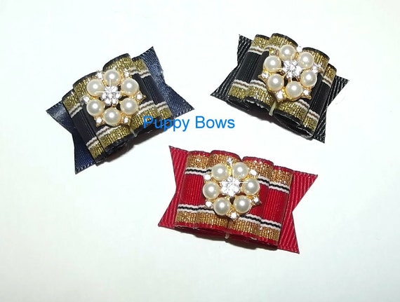 Puppy Bows ~ SUPER FANCY pearl rhinestone show bows dog grooming bow pet hair barrette (fb20)
