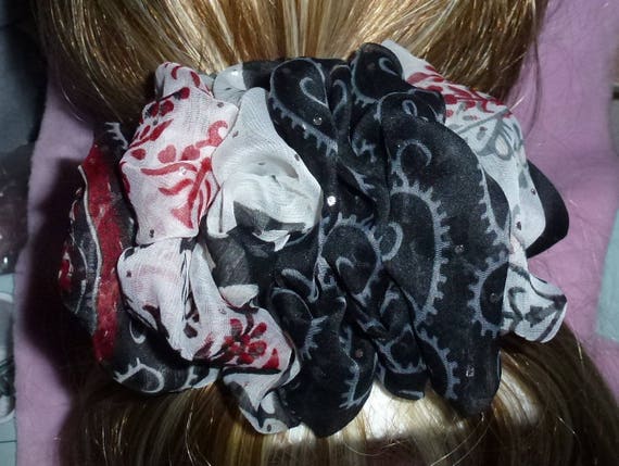 Becky Bows ~ ROSETTE Barrette Hand crafted giant huge Scarf BIG hair bow Women or Girls black gray burgundy