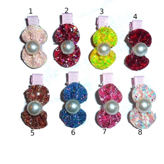 Super cute tiny glitter dog bows with pearls on alligator barrette clips (RC6)