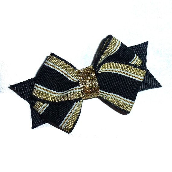 Puppy Bows ~Black gold stripe dog pet hair bowknot bow bands or barrette or collar slide (fb116)~USA seller