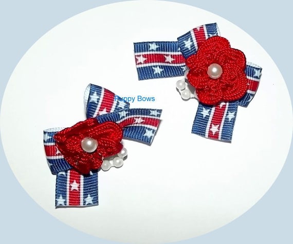Puppy Bows ~Barrette or bands PATRIOTIC pearl bow pair 4th July dog grooming ~USA seller