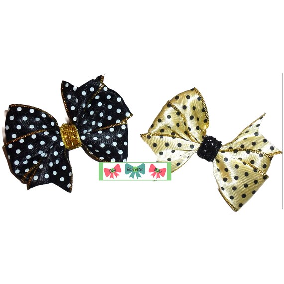 Puppy Bows ~  Black/white or Gold/black windmill bow  hair barrette or bands (FB443E)