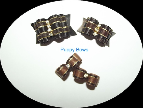 Puppy Bows ~ Brown Gold rhinestone centers SHOW BOW Shih Tzu pet hair ~USA seller (fb30)