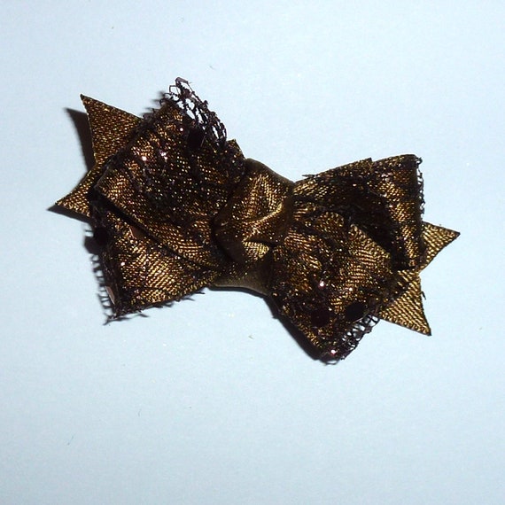 Puppy Bows ~Boys brown sequin metallic dog bow pet hair clip barrette or latex bands (fb135)