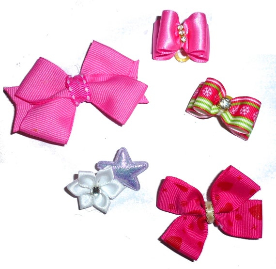 Puppy bows SALE 5 for 7.00 pink rhinestone plastic barrette bow (FB439a)