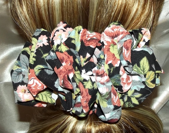 Becky Bows ~ Barrette scarf Hand crafted oversized BIG hair bow Women or Girls black pink floral