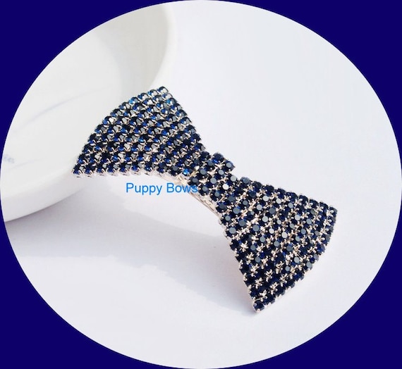 Puppy Bows ~Tiara #32-36 Navy blue rhinestone dog bow barrette for male Yorkie pet clip ~USA seller