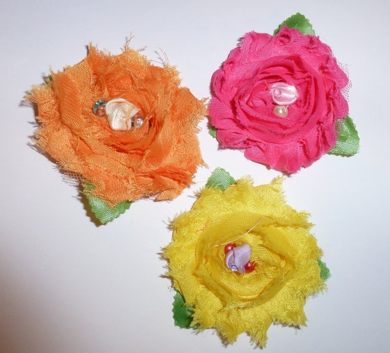 Puppy Dog Bows ~ Shabby chic set of THREE pink yellow orange flowers pet hair bow barrettes or bands (fb103)