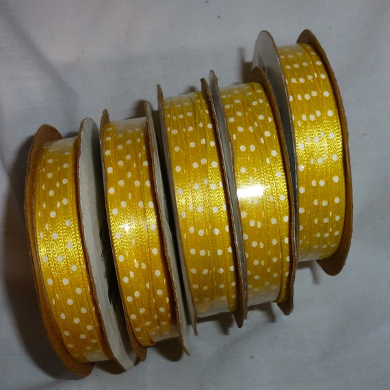 Puppy Bows ~craft supplies LOT 5 rolls yellow white polka dots ribbon 1/8" (lot20)