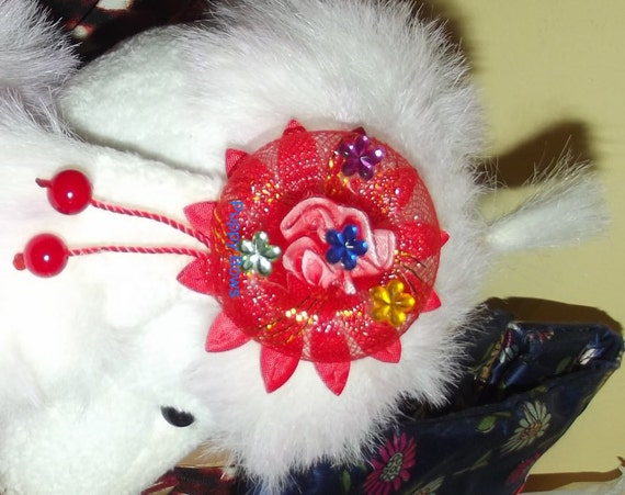 Puppy Bows ~ CLEARANCE SALE 50% OFF Blue or Red dog ear bows flowers round pet hair bow barrettes or bands (fb37)