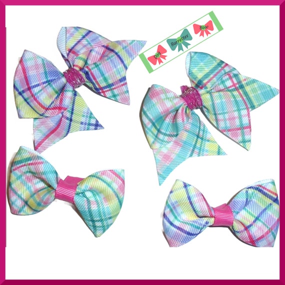 Puppy Bows Spring fling plaid dog  hair bowknot bow bands or barrette  (fb465)