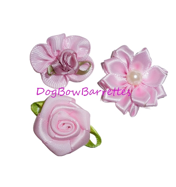 Puppy Bows ~  3 piece pink flowers 1" pet hair bow  - (fb612)