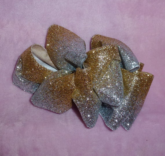 Becky Bows ~ Barrette ribbon Hand crafted over sized BIG hair bow Women or Girls dressy gold silver glitter