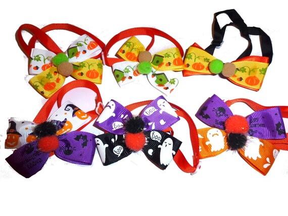 Puppy Bows 3 Thanksgiving or 3 Halloween decorative dog ribbon collar 8"-12" lightweight (fb4C)