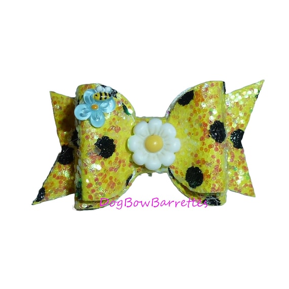 Dog Bows ~ Bumblebee daisy yellow black dots sequin & glitter bowknot , barrette bow glitter hair clips for pets  (fb7)