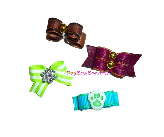 Dog bows for boys 4 tiny brown green pet hair bow barrettes or bands (fb6)