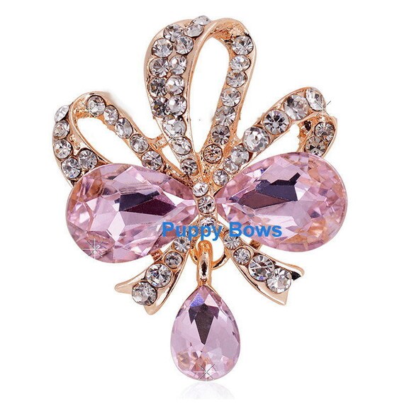 Puppy Bows ~Small PINK rhinestone crystal bowknot dangle dog bow pet hair clip barrette