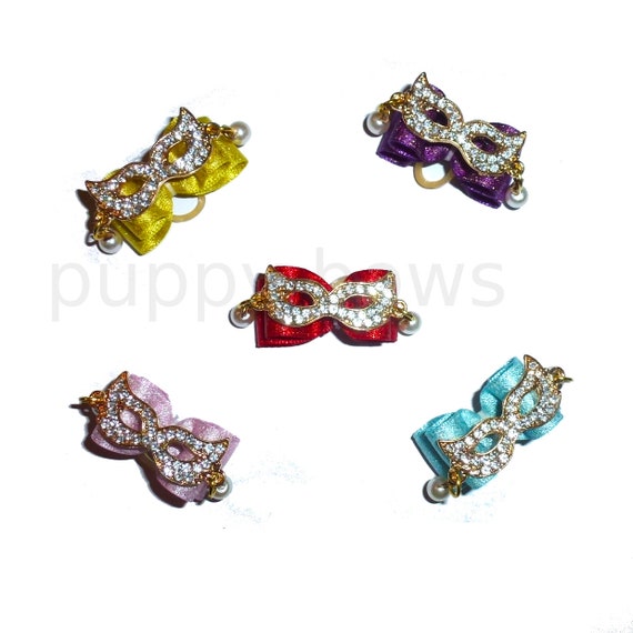 Mardi Gras dog bow rhinestone mask show bows 5/8" satin bands or barrette (fb213)