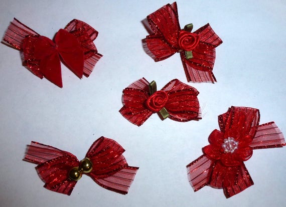 Puppy Bows ~5 red organza stripe EVERYDAY BOWS Yorkie Maltese Shih Tzu ~Usa seller (fb81)