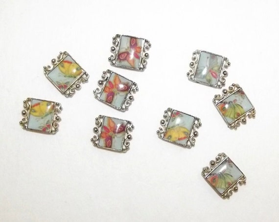 Craft supplies ~ 10 square filigree butterfly beads 4 holes silver 14mm x 17mm yellow pink blue ~ US seller