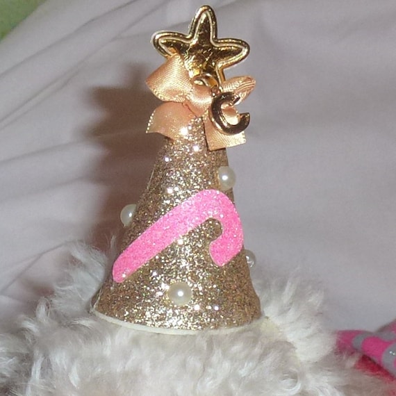 Puppy Bows ~Christmas glitter gold silver pink party hat pet hair bow for dogs NECK STRAP & clip ~USA seller (fb119)