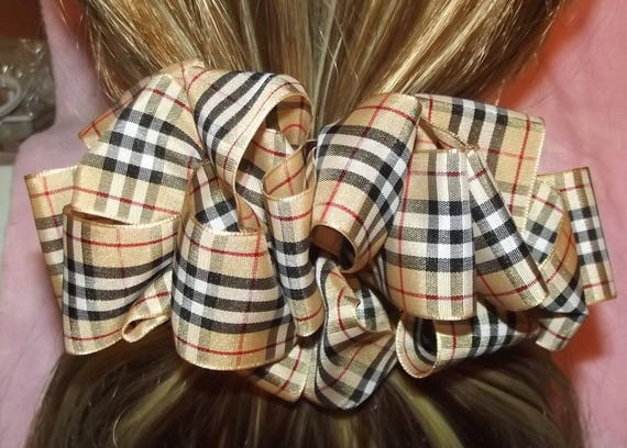 Becky Bows ~ Scottish berry inspired Barrette Hand crafted BIG hair bow Women or Girls brown plaid