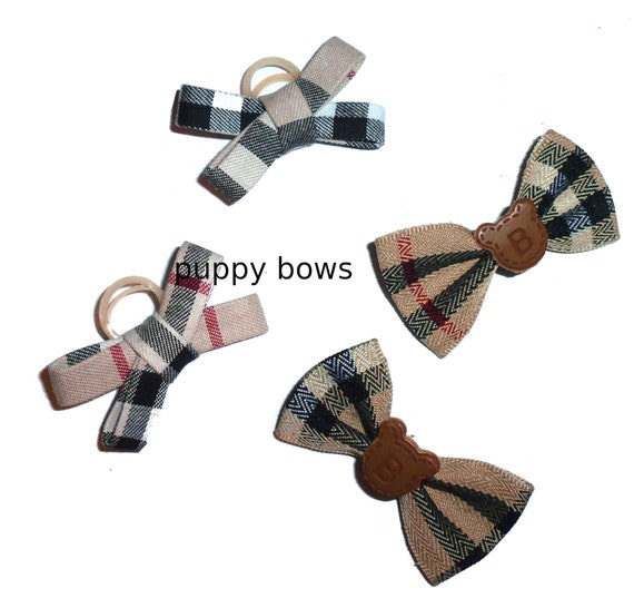 Puppy Dog Bows ~ The PAWBERRY "B" bowknot or criss cross shape pet hair bow barrettes or bands (fb104a)