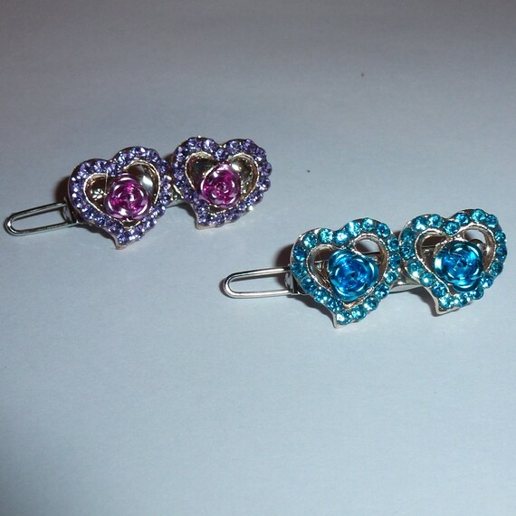 Puppy Bows ~Rhinestone rose hearts pet hair barrette ~USA seller (fb117)