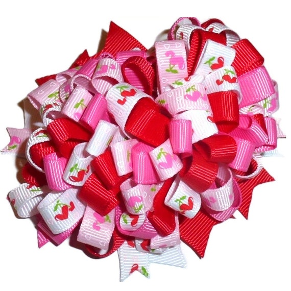 Puppy Bows ~  BIG bow  loopy red pink white cherry hearts 4" dog hair bow or collar slide bands or clip (DC51)