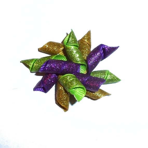 Puppy Bows Mardis gras glitter Korker loop  dog bow  pet hair clip barrette or latex bands corky curly corker