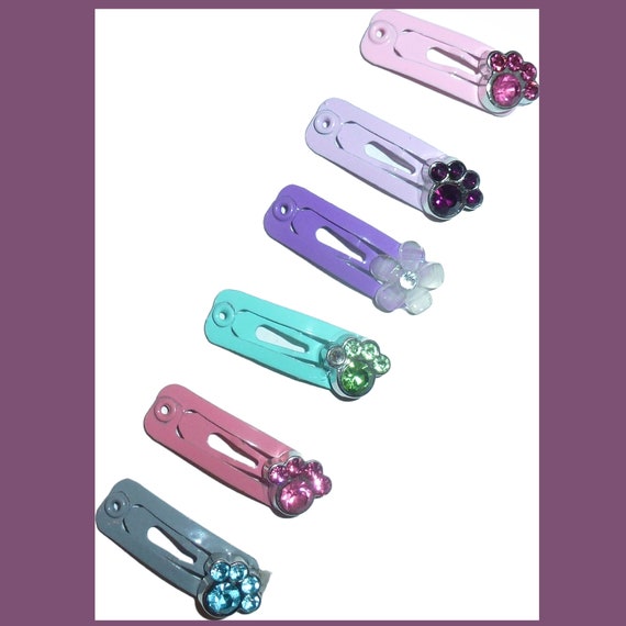 Dog Bow Barrettes tiny 6 girls paw print jewel snap clips for pet hair topknot (fb481B)