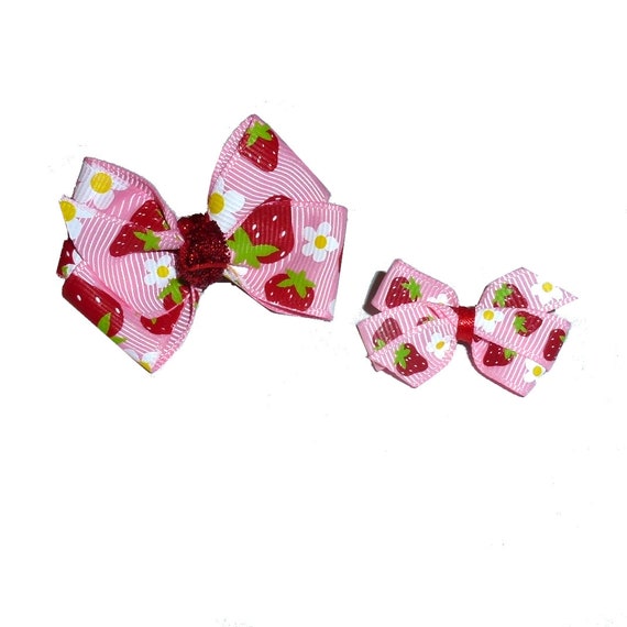 Puppy Bows ~ Strawberry fields dog bows pink red pet hair bow  (fb416)